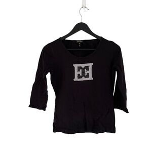 ESCADA Black Top Blouse Medium 3-4 Sleeves Monogram Bling